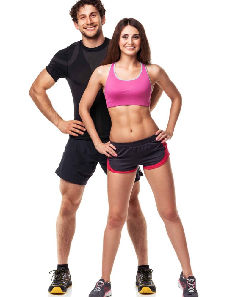 Athletic couple - man and woman after fitness exercise on the white background